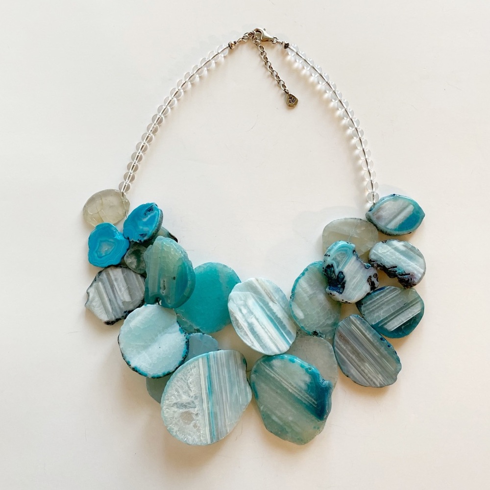 Blue Agate Geode Quartz Slice Bead Necklace 925